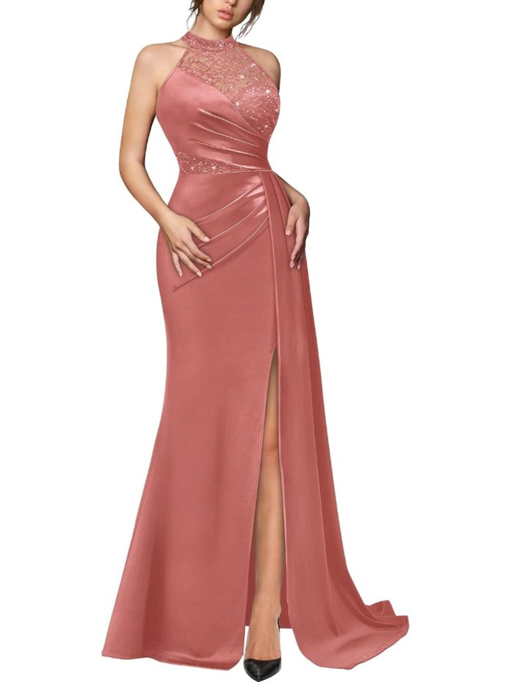 Women's Cinnamon Halter Neck Sequin Lace Sleeveless Cocktail Bodycon Maxi Dress